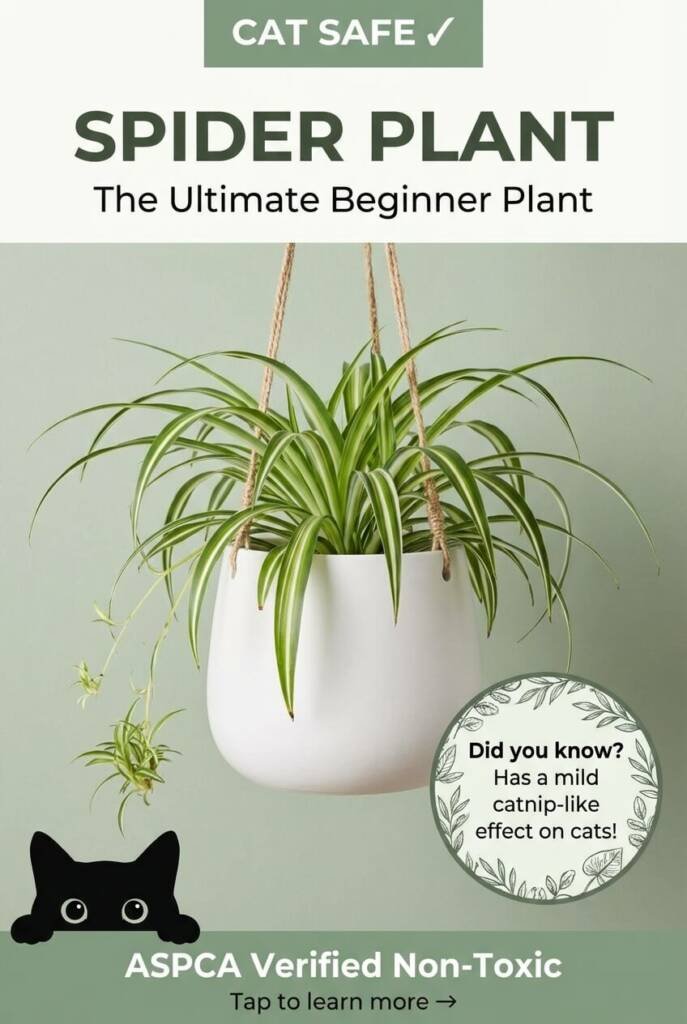 Spider plant with dangling spiderettes in white hanging pot - cat safe low light houseplant that has mild catnip effect on cats, ASPCA verified non-toxic