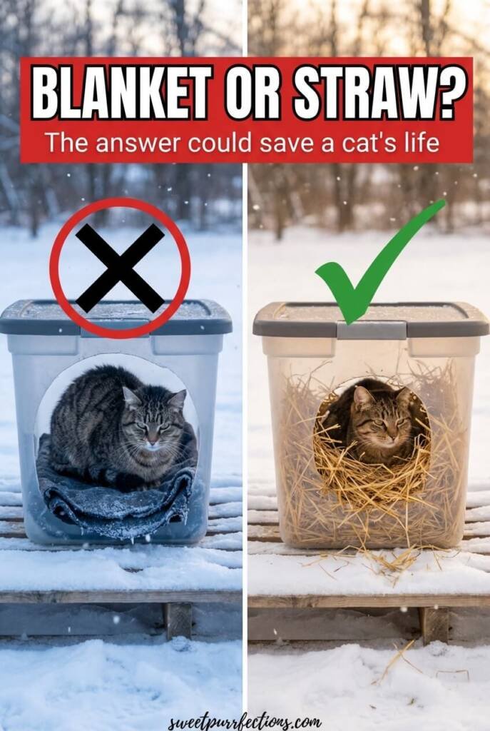 Before and after comparison of cat shelter on frozen ground versus elevated shelter showing heat retention and air gap insulation