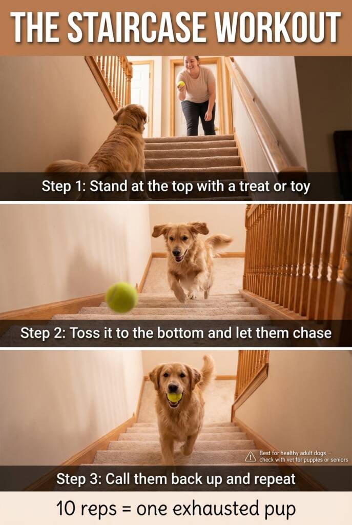 Staircase workout for dogs — toss treat down, call them back up to tire out your dog indoors fast