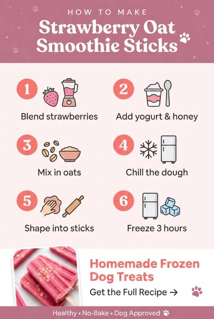 Step-by-step tutorial showing how to make frozen dog treats - 6 easy steps to create strawberry oat smoothie sticks for dogs at home