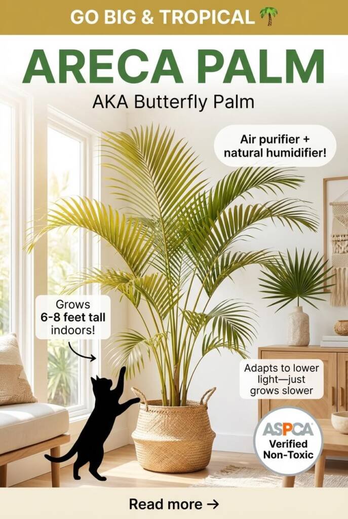 Tall Areca palm butterfly palm with arching fronds in woven basket planter - large tropical cat safe indoor palm for low light, air purifying ASPCA non-toxic plant