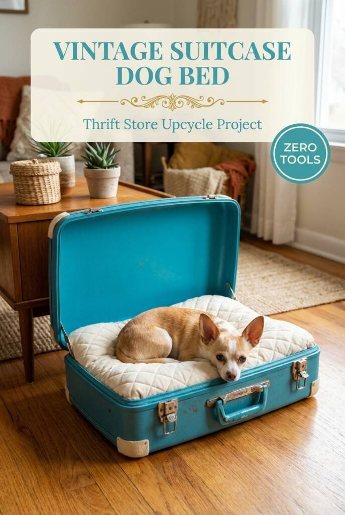 Vintage suitcase repurposed into small dog bed with cushion, upcycled furniture DIY project for pets