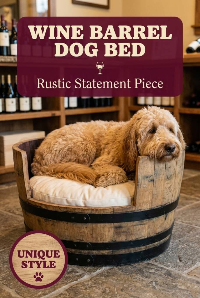 Wine barrel dog bed with round cushion inside, rustic upcycled pet furniture for large dogs