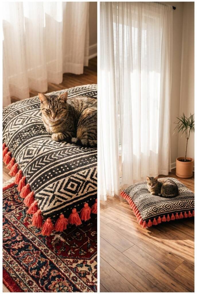 An oversized round floor cushion covered in black and cream geometric mudcloth print fabric with coral-colored tassel trim ar