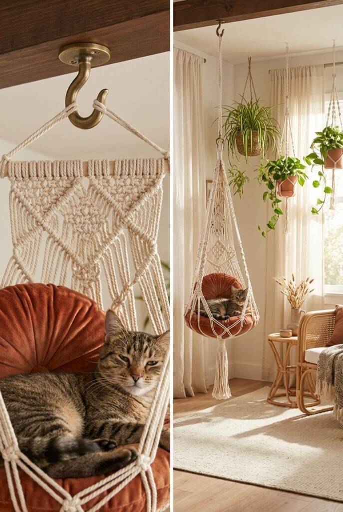 An intricate macramé hammock in natural cotton rope featuring geometric knotted patterns suspended from a brass ceiling hook,