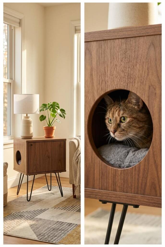 A sleek walnut-stained side table with tapered hairpin legs and a circular entry hole cut into the lower cabinet section, top
