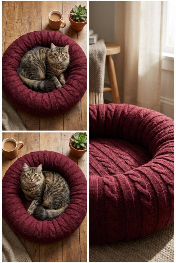 A chunky cable-knit burgundy sweater transformed into a circular donut-shaped bed with stuffed arms forming a raised bolster