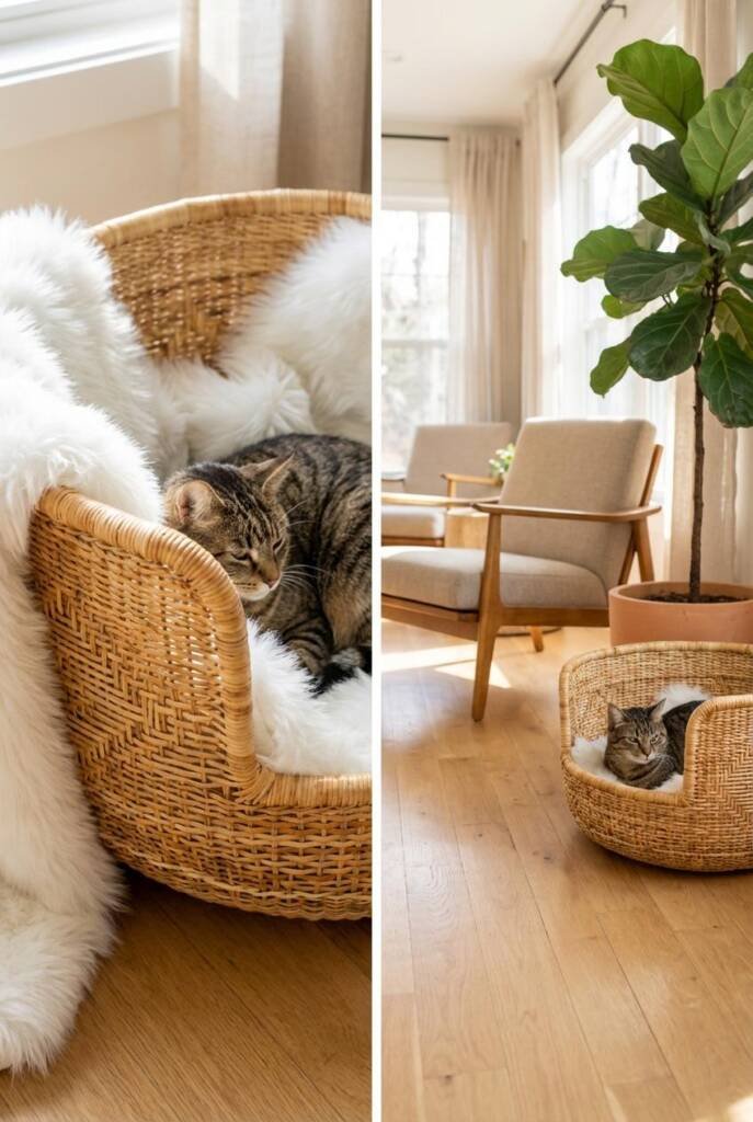 A large natural rattan basket with woven texture and subtle geometric pattern, lined with soft white faux fur throw, position