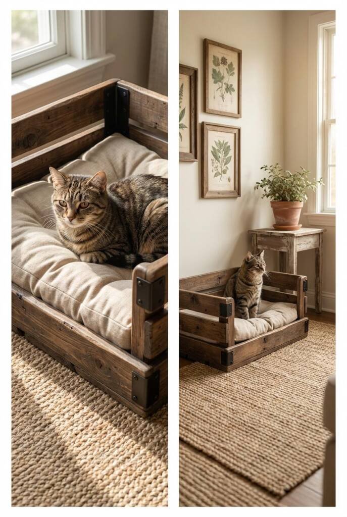 A weathered wooden wine crate stained in dark walnut positioned on its side, lined with a tufted linen cushion in natural bei