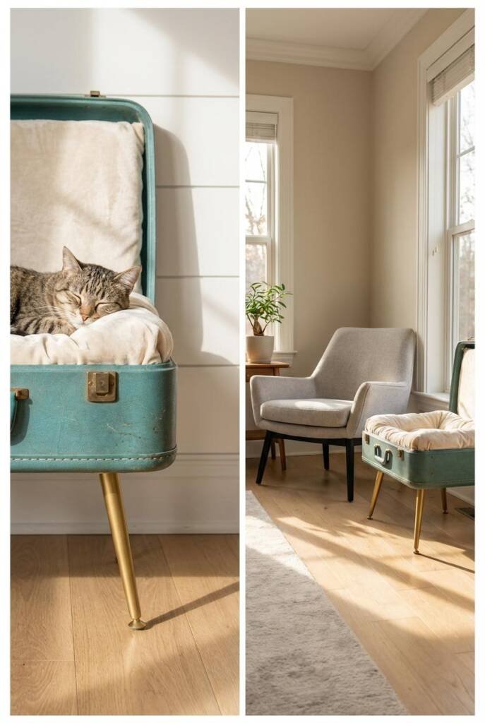 A beautifully aged turquoise hard-shell vintage suitcase elevated on elegant gold furniture legs, lined with plush cream velv