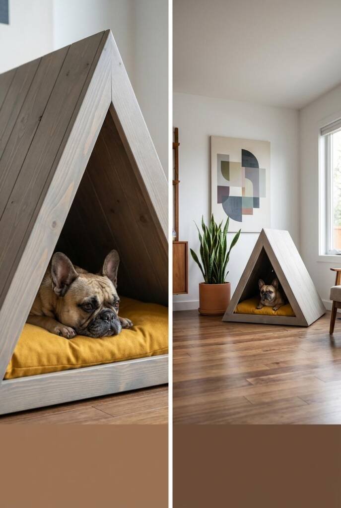 A geometric A-frame structure crafted from smooth pine wood boards stained in light Nordic gray, featuring clean triangular s