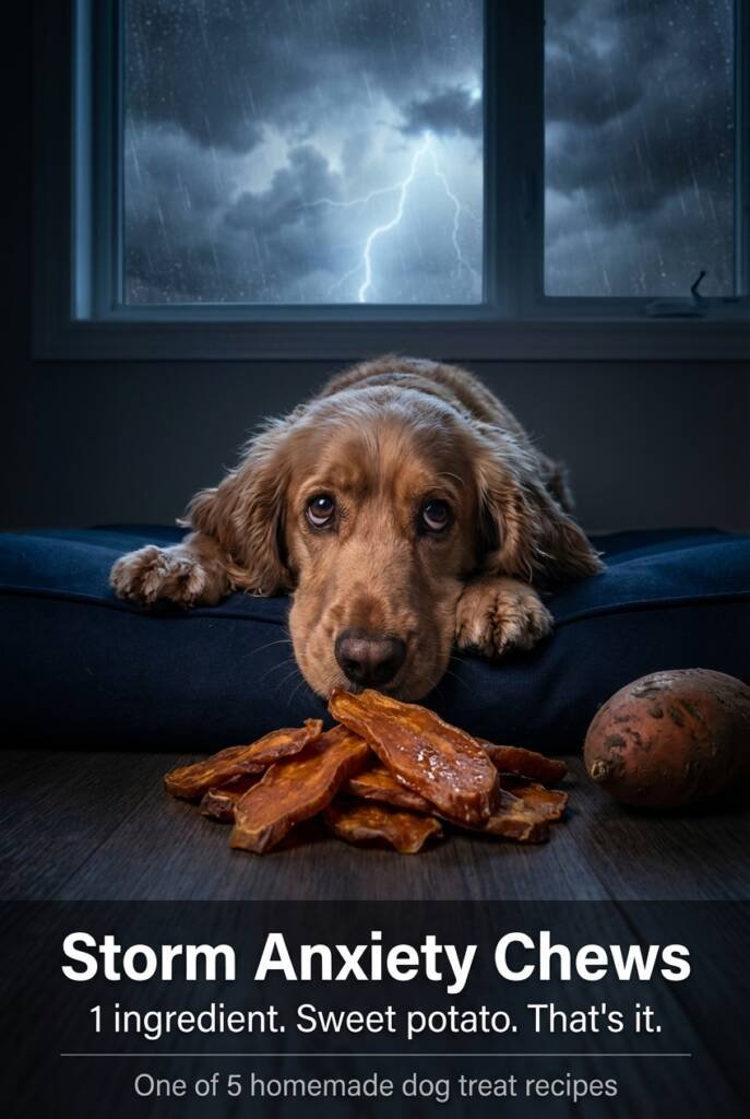 Anxious dog lying on a dark dog bed with chin on paws sniffing homemade sweet potato chews, with a dramatic rainy stormy window in the background