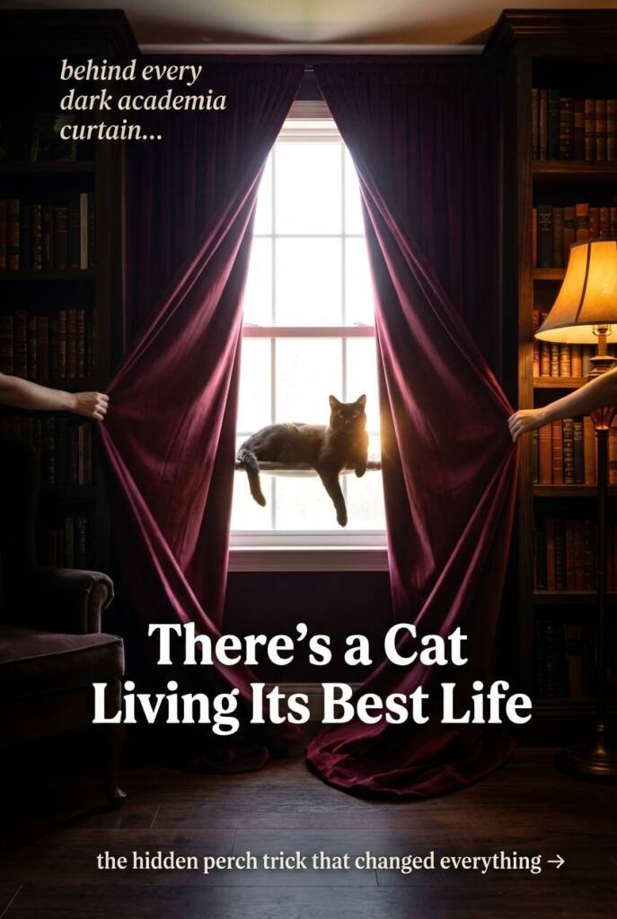 Cinematic shot of deep burgundy floor to ceiling velvet curtains being pulled apart to reveal cat lounging on hidden window perch shelf backlit by natural daylight