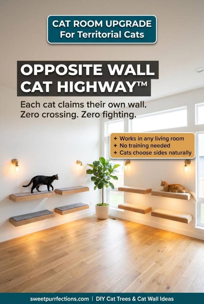 DIY cat room idea showing an opposite wall cat highway system with two cats on separate elevated shelf pathways on facing walls, designed to separate territorial cats in a modern living room (1)