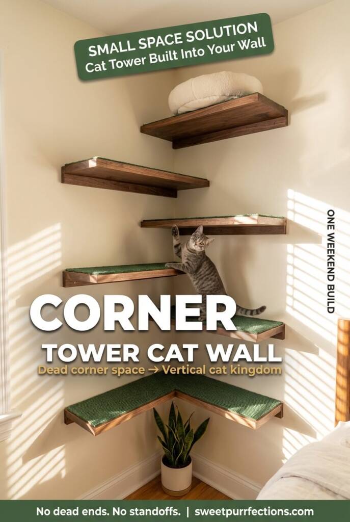DIY corner tower cat wall system with alternating walnut wood shelves zigzagging up a bedroom corner, showing a gray cat climbing, designed as a vertical cat tower alternative for small spaces. (1)
