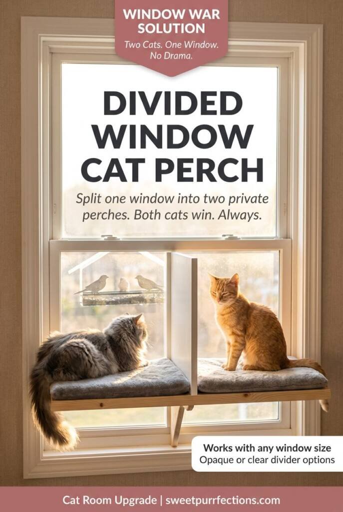 DIY divided window cat perch showing two separate cushioned platforms on either side of a center divider panel in a sunny window