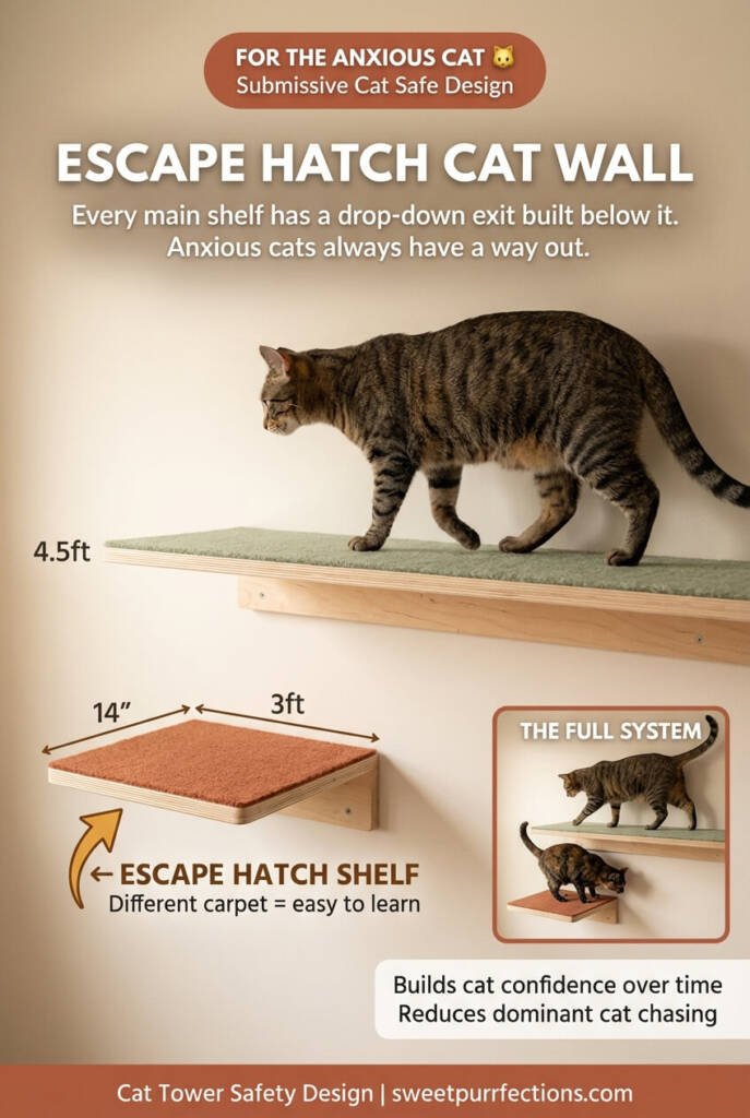 DIY escape hatch cat wall design showing a main elevated shelf with a smaller drop-down exit shelf below it in contrasting carpet color