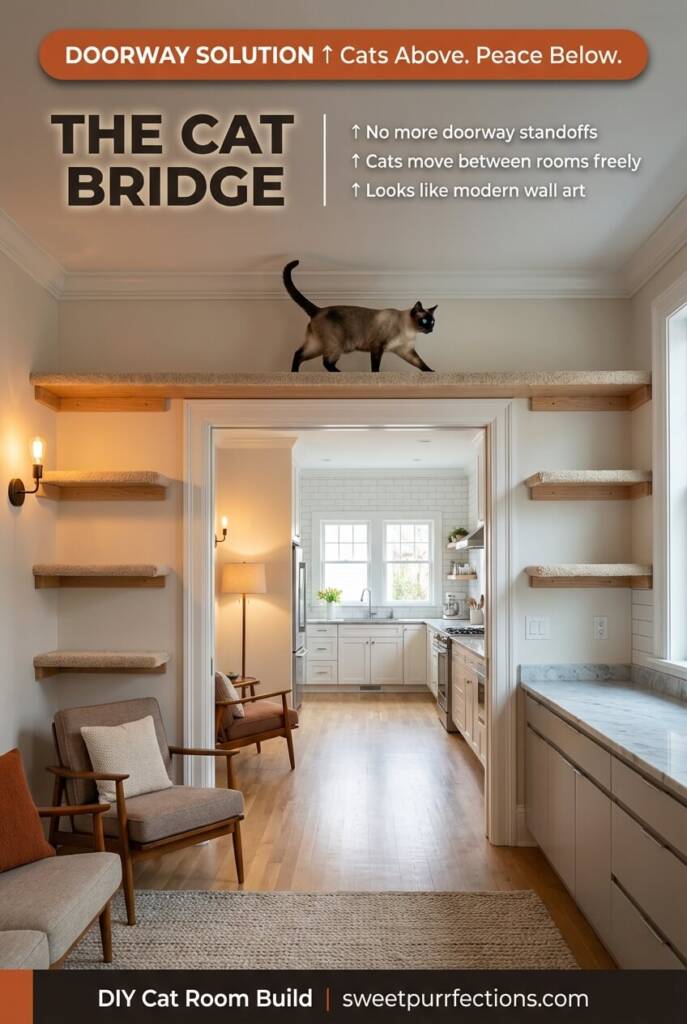DIY room-to-room cat bridge shelf mounted above a doorframe with a Siamese cat crossing it, surrounded by stair-step access shelves on both sides