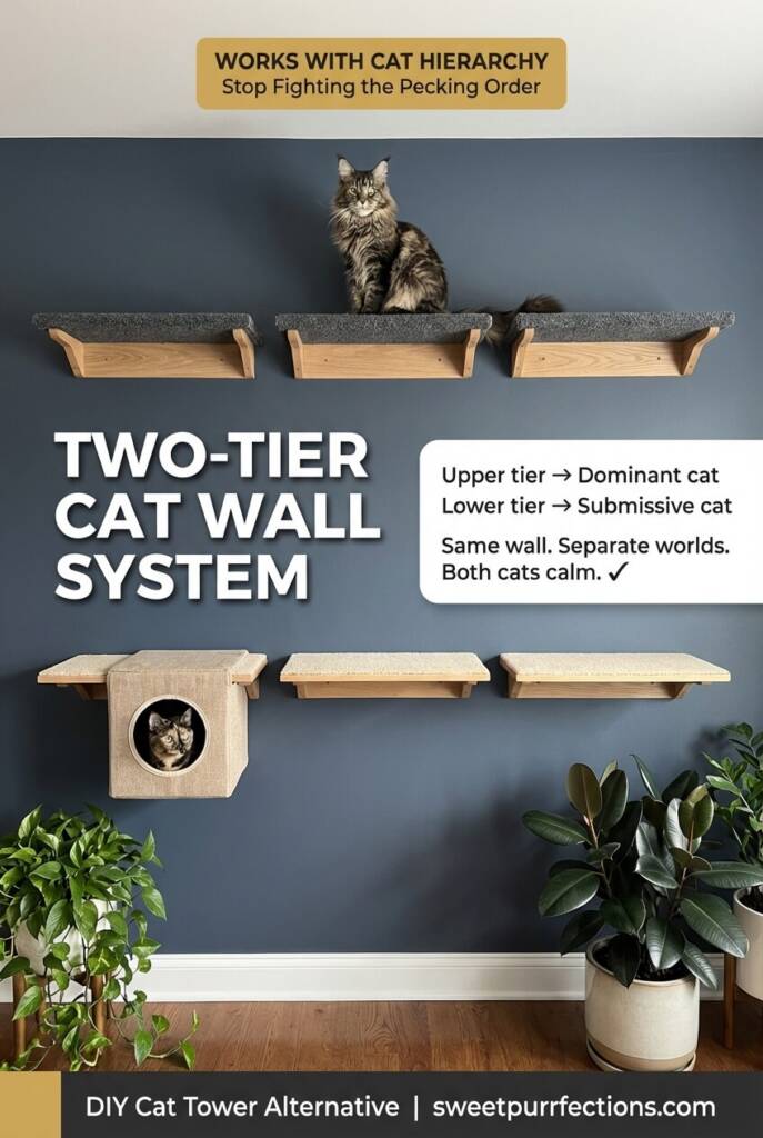 DIY two-tier cat wall system on a deep slate blue accent wall, showing a large Maine Coon on the upper shelves at 5.5 feet and a tortoiseshell cat