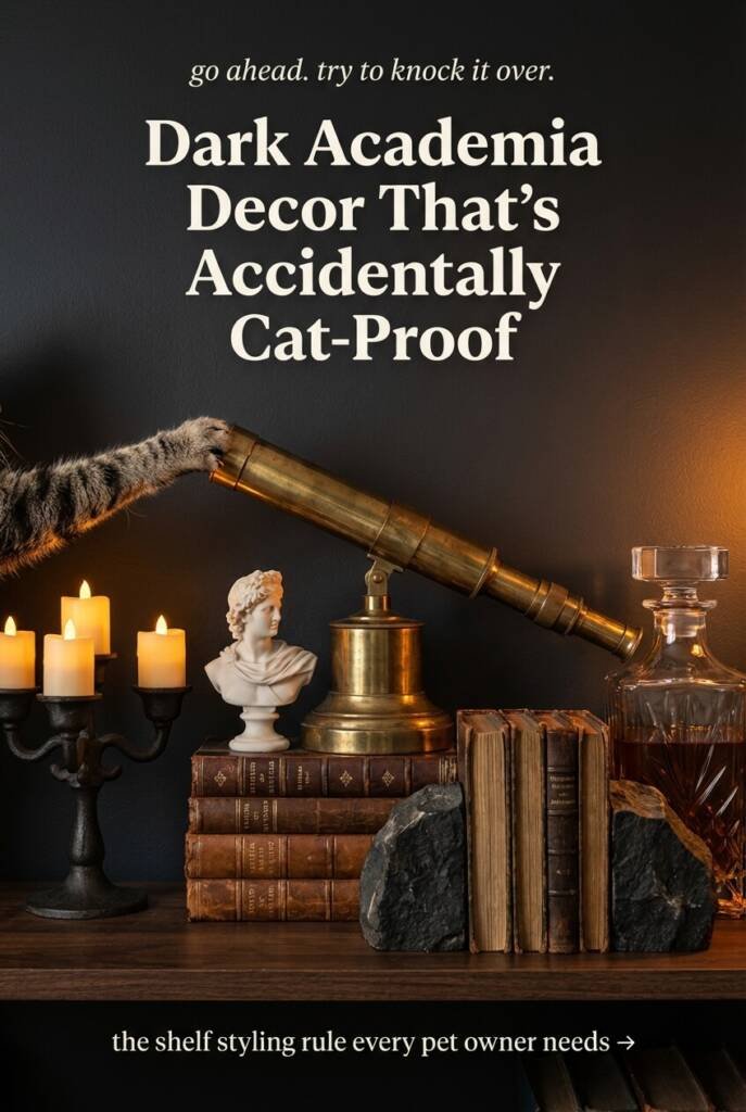 Dramatic close up of dark academia shelf with cat paw mid swipe at heavy brass telescope that has not moved surrounded by marble bust stacked old books iron candelabra heavy glass