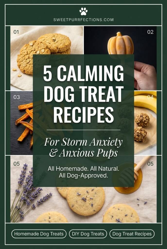 Editorial grid of five homemade calming dog treat recipes on a deep green background — chamomile biscuits, frozen pumpkin treats, sweet potato chews, banana oat bites and lavender honey cookies