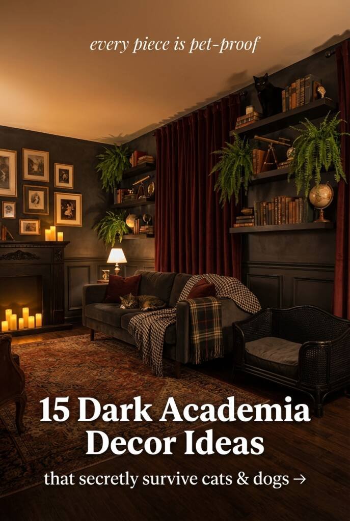 Full room cinematic shot of dark academia living room with limewashed walls burgundy velvet curtains charcoal velvet sofa vintage Oriental rug dark floating shelves with old books and brass trailing Boston ferns flameless candles gallery wall dark wainscoting and two cats naturally placed
