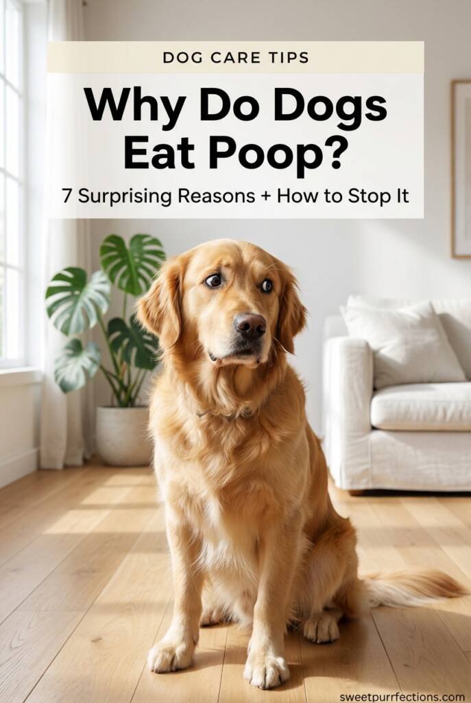 Golden retriever with a guilty expression sitting on a modern light-wood floor — blog post cover about why dogs eat poop, 7 reasons and solutions from Sweet Purrfections