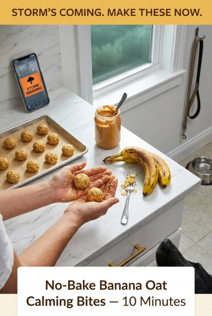 Hands rolling no-bake banana oat dog treat bites on a kitchen counter with a storm warning on a phone screen in the background and a dog's nose peeking over the counter edge