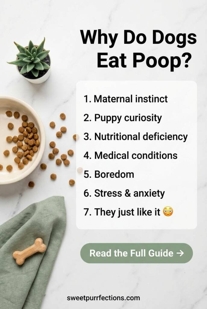 Minimalist flat-lay with a dog bowl and kibble on white marble — numbered list pin showing 7 reasons why dogs eat poop with tips to stop it, from Sweet Purrfections blog
