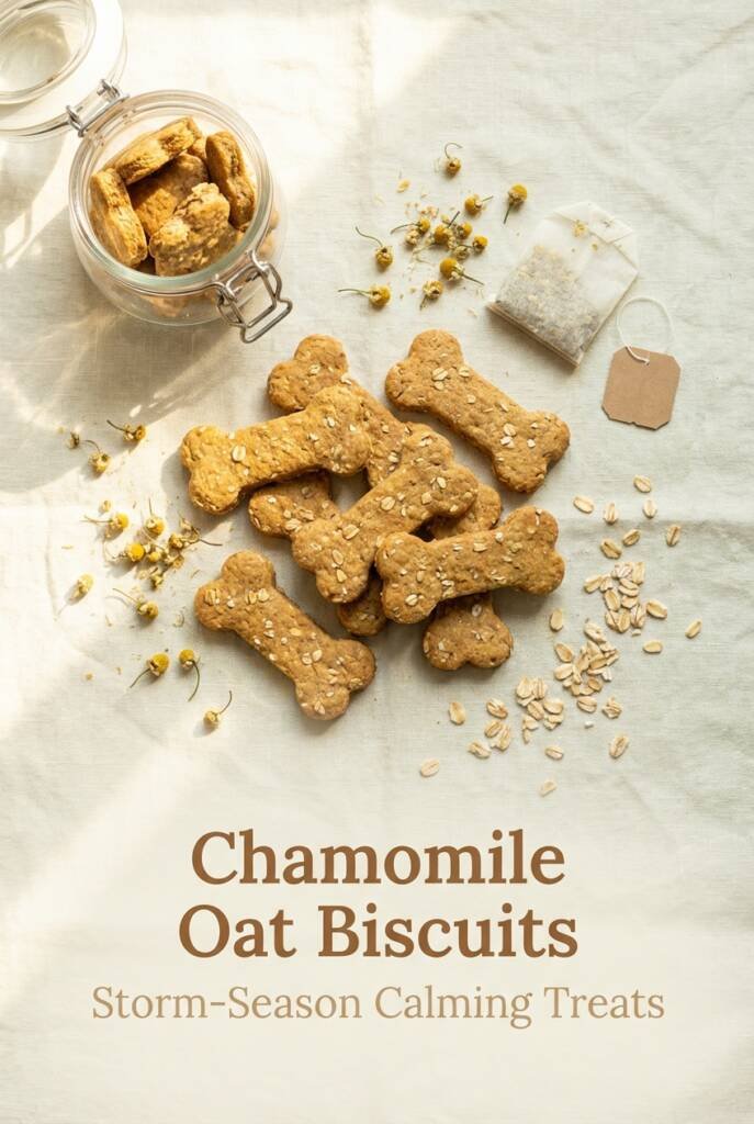 Overhead flat lay of golden homemade bone-shaped chamomile oat dog biscuits surrounded by dried chamomile flowers and rolled oats on a linen surface
