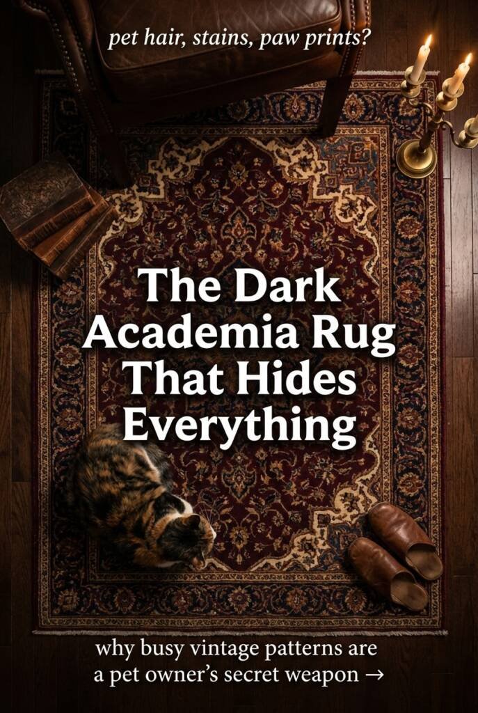 Richly patterned dark burgundy navy and gold vintage Oriental rug on dark hardwood floor with cat curled up center nearly camouflaged into the pattern next to leather armchair old books