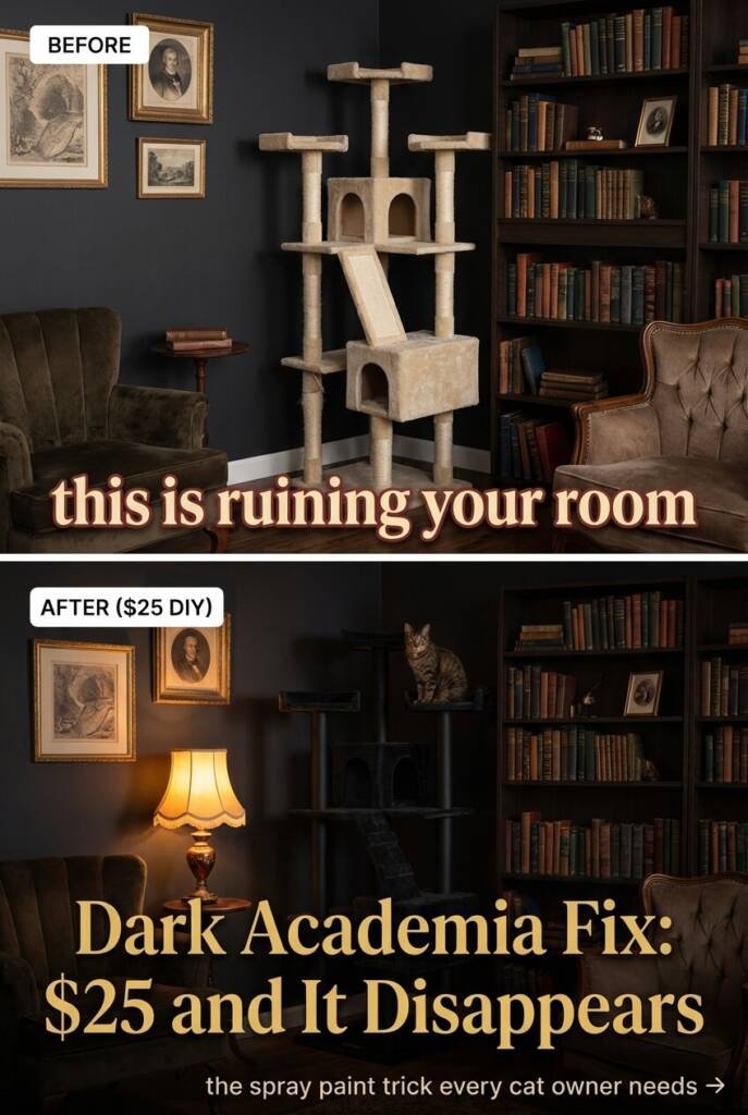 Split before and after image showing beige carpet cat tree clashing against dark academia room on top transformed to matte black spray painted cat tree with dark velvet platforms