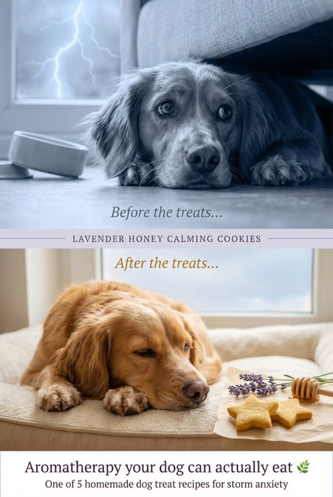 Two-panel image showing a scared dog hiding during a lightning storm in the top half, and the same dog relaxed and calm next to homemade lavender honey cookies
