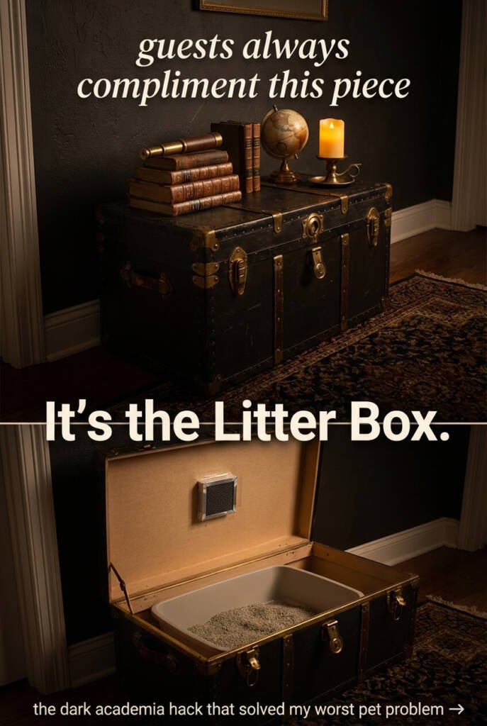 Two part reveal image showing dark vintage steamer trunk styled with stacked old books brass telescope vintage globe and flameless candle on top in dark academia