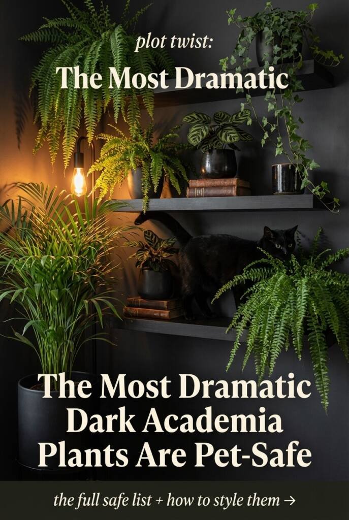 dark academia plant corner with Boston fern trailing from dark floating shelf parlor palm in matte black pot calathea on stacked old books and trailing ivy across leather