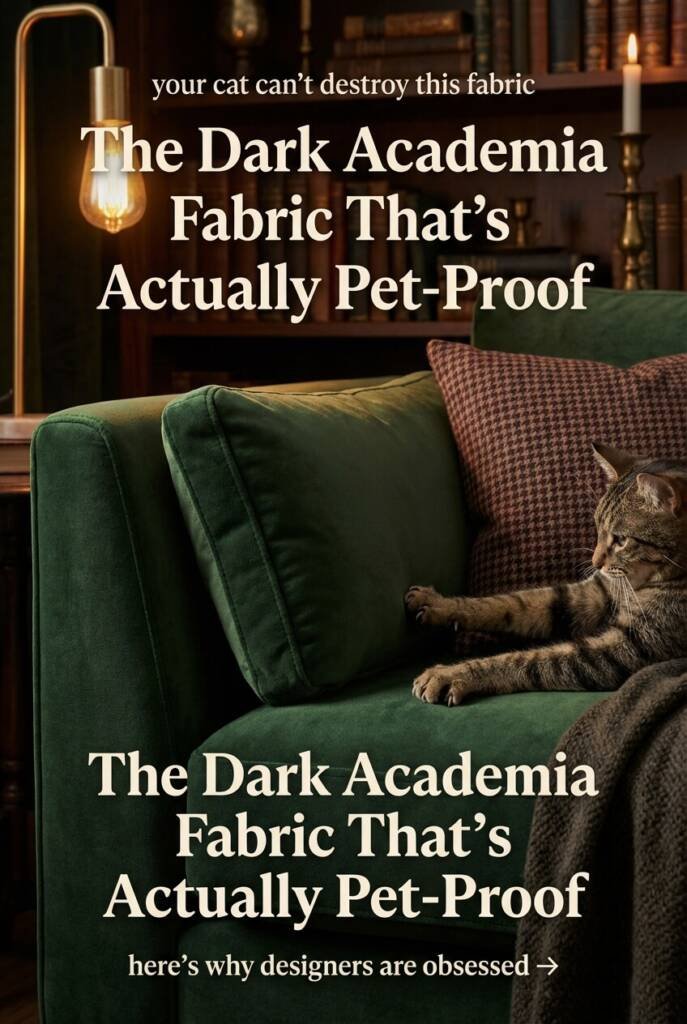 emerald green velvet sofa in dark academia room with cat kneading the fabric showing no damage warm Edison bulb lighting brass candlestick and old books in background as pet proof dark academia