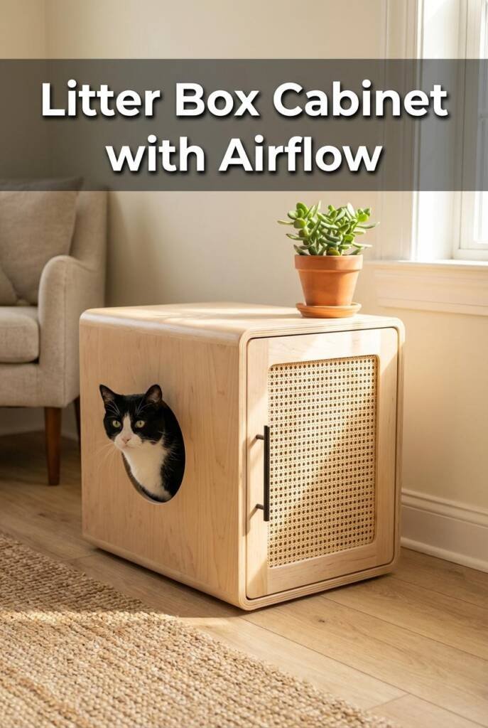 Photorealistic vertical 2:3 image of a minimalist plywood cabinet with a natural cane webbing door panel sitting in a clean b