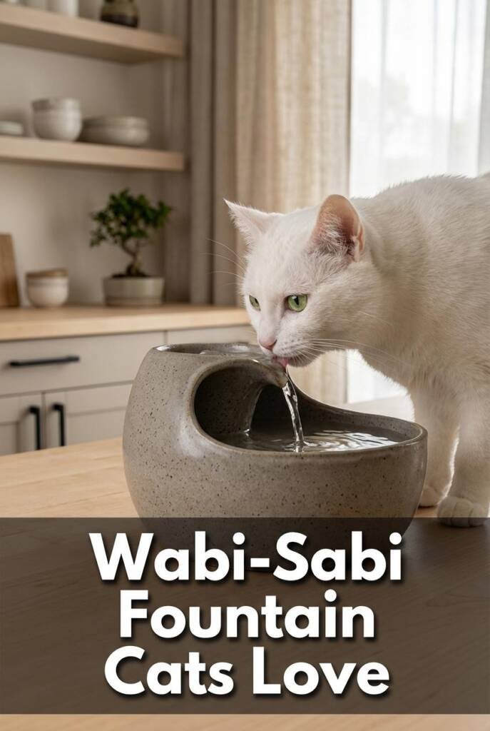 Photorealistic vertical 2:3 close-up of a handmade matte stoneware cat water fountain in a speckled warm gray glaze sitting o