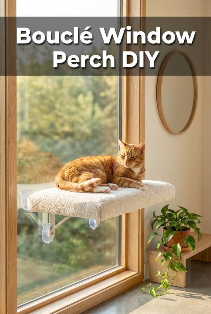 Photorealistic vertical 2:3 image of a cat window perch covered in creamy white bouclé fabric attached to a large window with