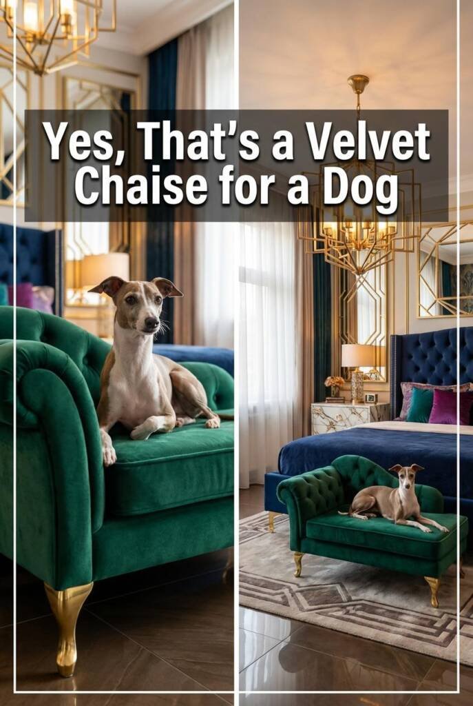 A glamorous Art Deco bedroom with a tufted deep navy headboard, gold-framed geometric mirrors, a marble-top nightstand, and a