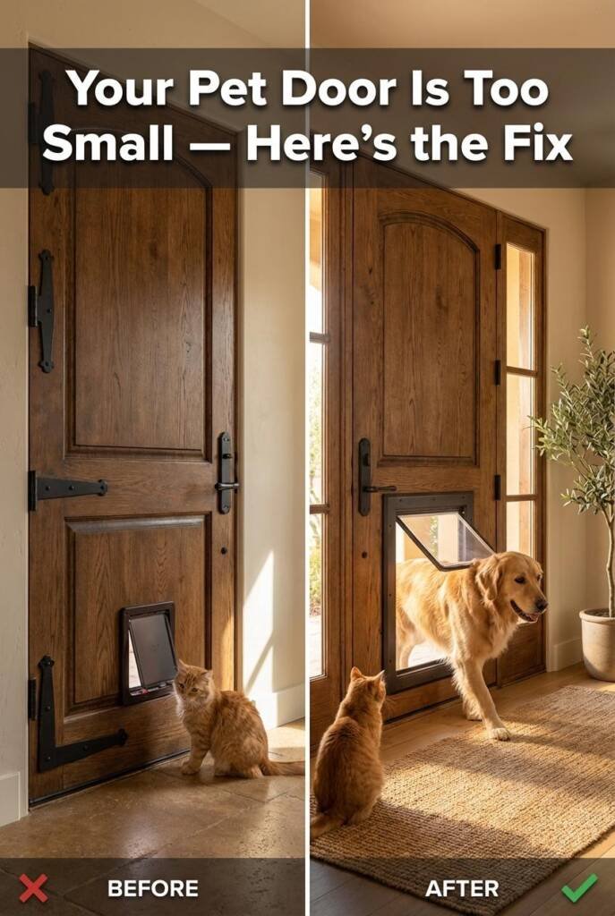 Side-by-side comparison or split image: LEFT shows a huge front door with a comically tiny pet door (marked with a subtle X o