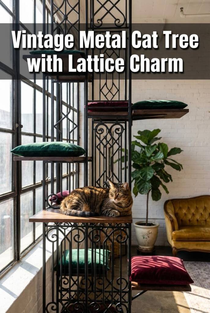 Stunning grandmillennial cat tower featuring architectural wrought iron lattice screens as backdrop panels - delicate Victori