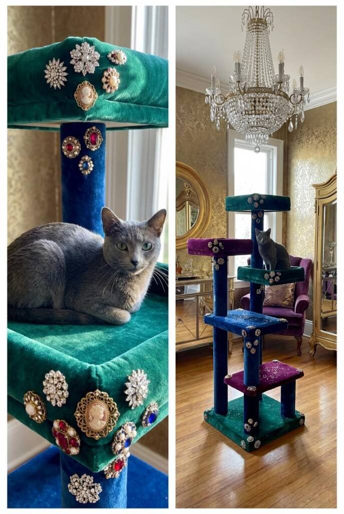 Showstopping cat tree adorned with vintage rhinestone brooches, cameo pins, and jeweled clips strategically placed on cushion