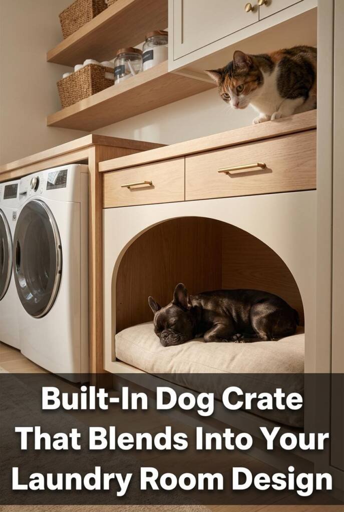 Wide shot of a white laundry room with brushed brass hardware. Under the folding counter, a stylish built-in dog nook with an