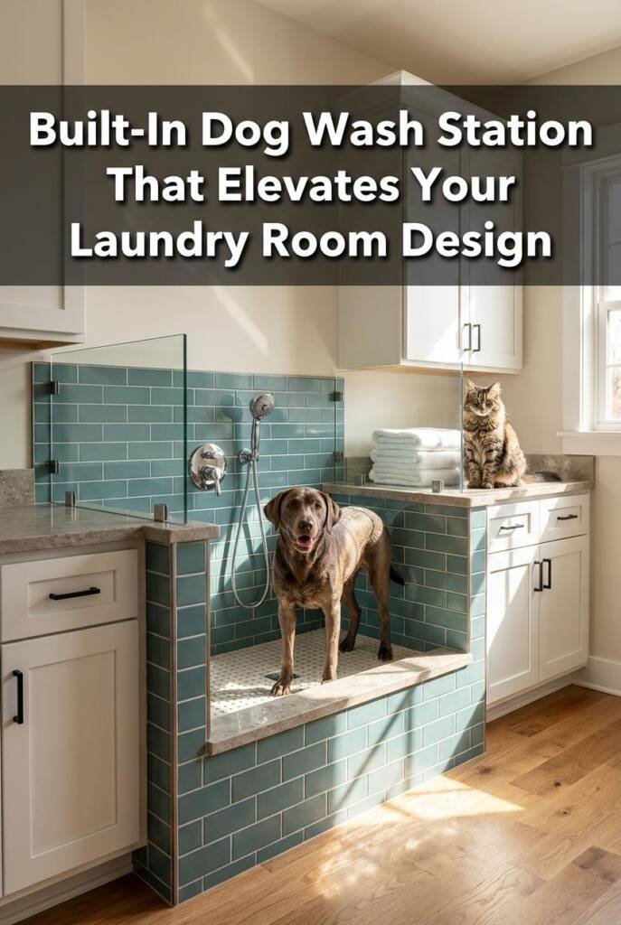 Bright laundry room with white shaker cabinets and brass hardware. A waist-height dog wash tub with blue-green subway tile su