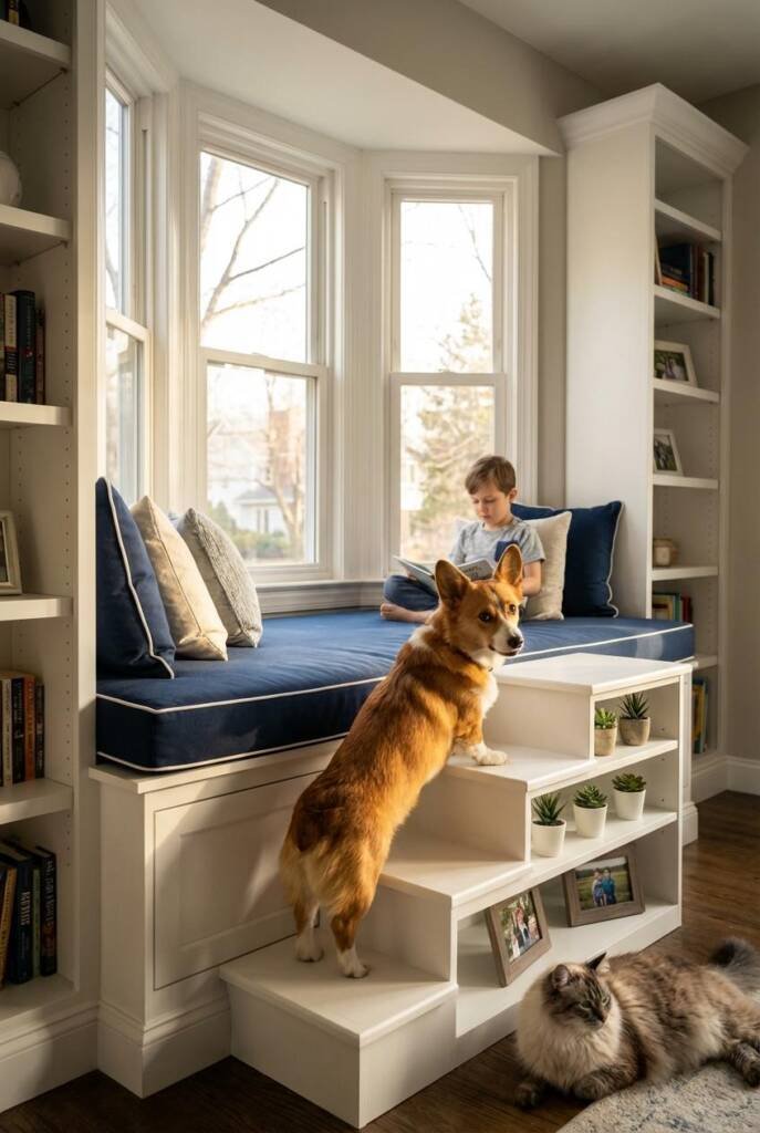 A beautiful bay window area in a bright living room featuring a custom built-in window seat with a thick cushion upholstered