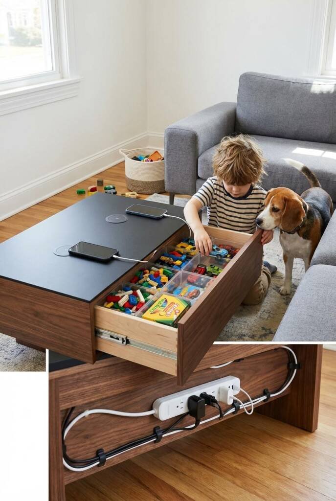 A modern living room featuring a sleek walnut coffee table with a black matte top surface. The tabletop has two visible wirel