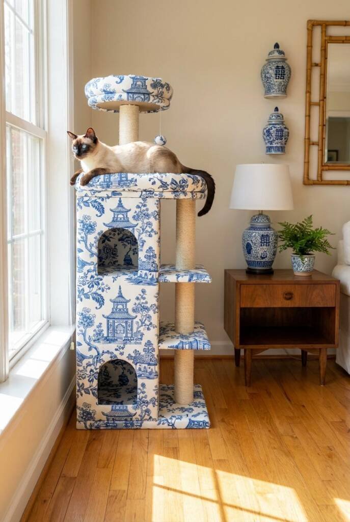 Stylish cat condo wrapped in blue and white chinoiserie wallpaper with pagodas and florals, placed beside ginger jars and bam