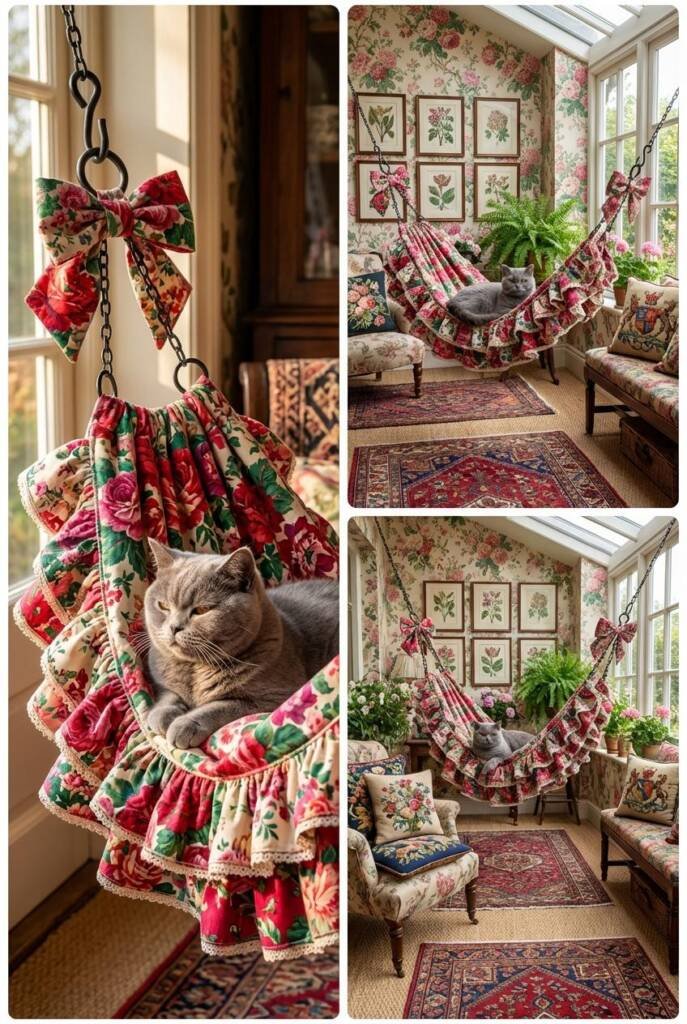 Bold chintz hammock in explosively vibrant cabbage rose print with exaggerated triple-layered ruffle edges and matching bow t