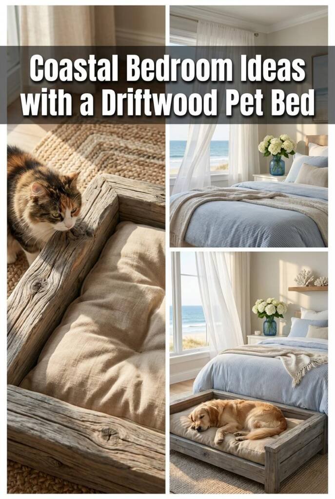 A breezy coastal bedroom with sheer white curtains billowing in front of a sun-filled window, soft blue-and-white bedding, a